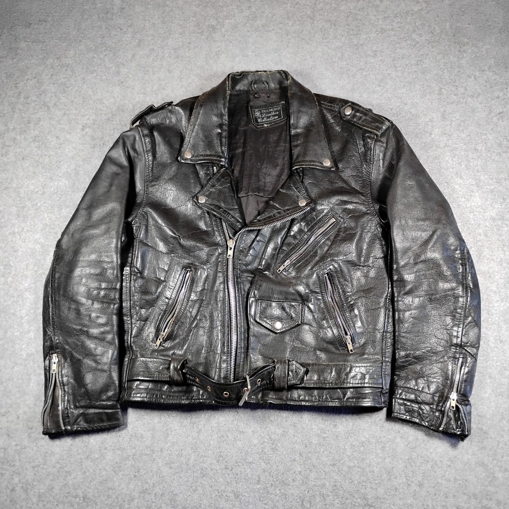 Diamond Leather Collection Mens Black Distressed Leather Biker Jacket Moto Punk